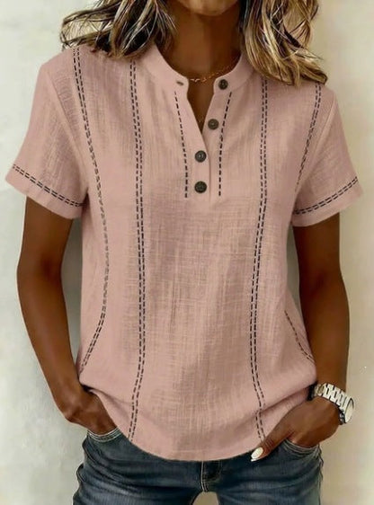 Women's Striped Short-Sleeve V-Neck Button Blouse – Minimalist Casual Top