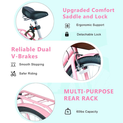 26" City Commuter Bike | 7-Speed, Detachable Basket, Built-In Lock & Rear Rack