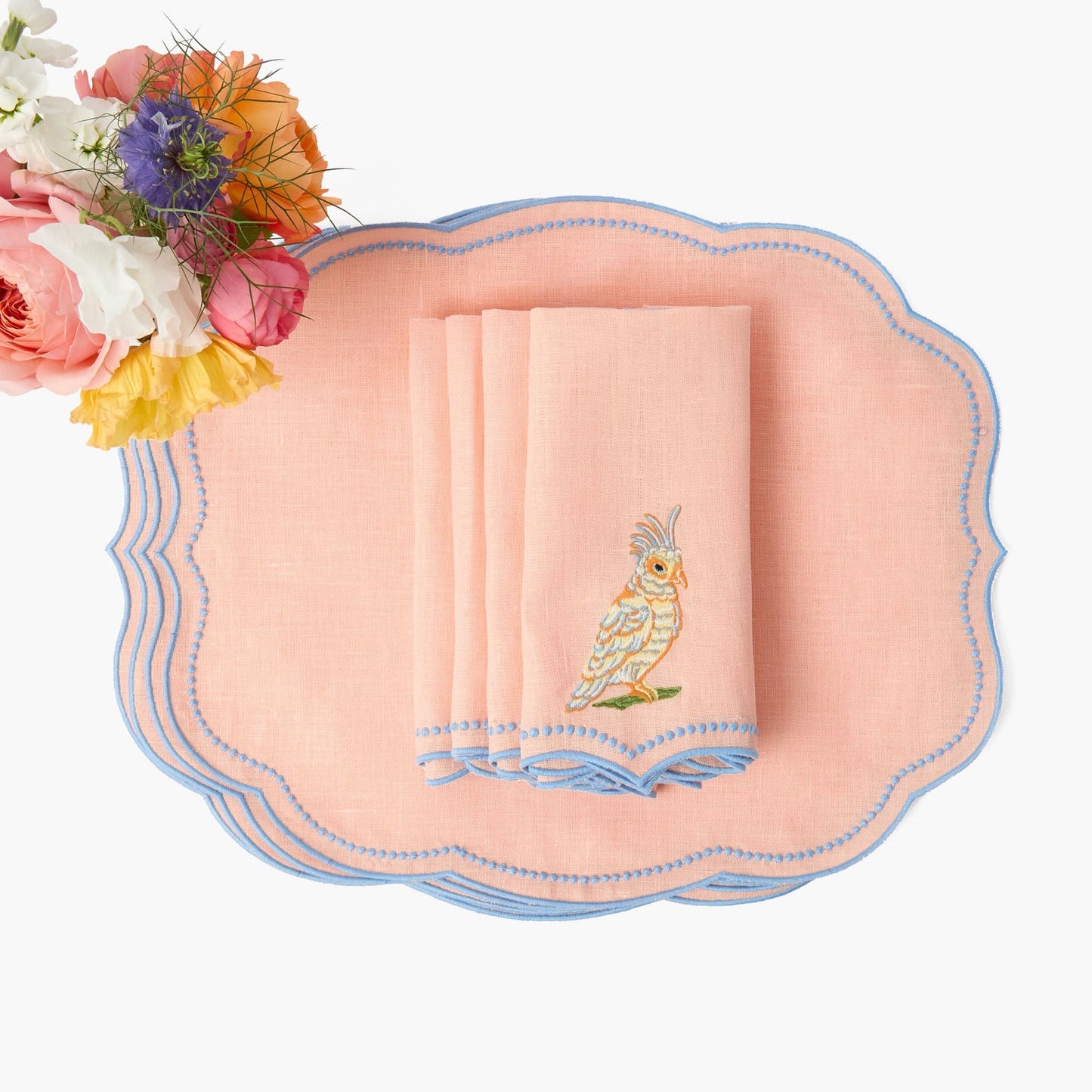 Eloise Coral & Blue Linen Placemats & Parrot Napkins (Set of 4)