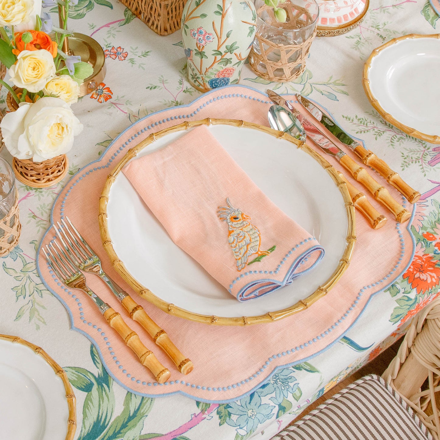 Eloise Coral & Blue Linen Placemats & Parrot Napkins (Set of 4)