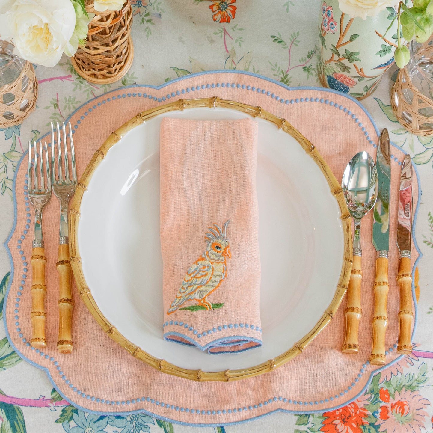 Eloise Coral & Blue Linen Placemats & Parrot Napkins (Set of 4)