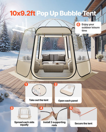 Clear Bubble Dome Tent | 10x9.2 FT Pop-Up Igloo for 4-8 People | 540° Panoramic View