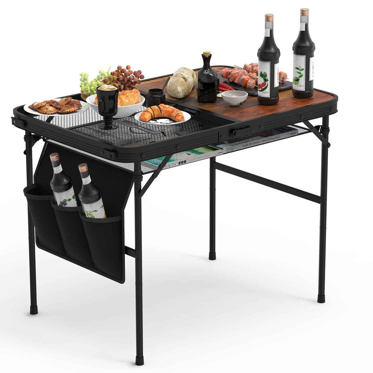 Adjustable Height Folding Camping Table with Hanging Storage Net – 66 lb. Capacity