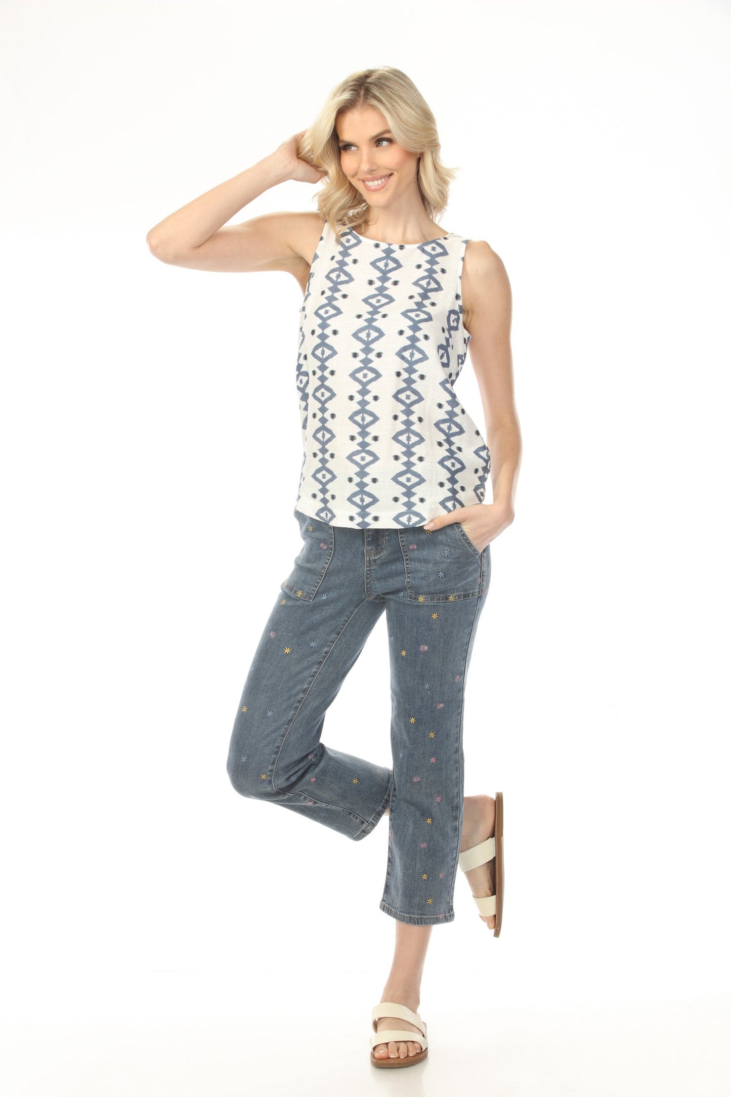 Charlie B Printed Sleeveless Top with Rounded Hem C4588-787A