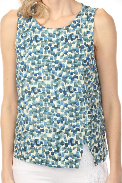 Charlie B Lilypad Printed Sleeveless Linen Blend Top with Slit C4543PR-229B