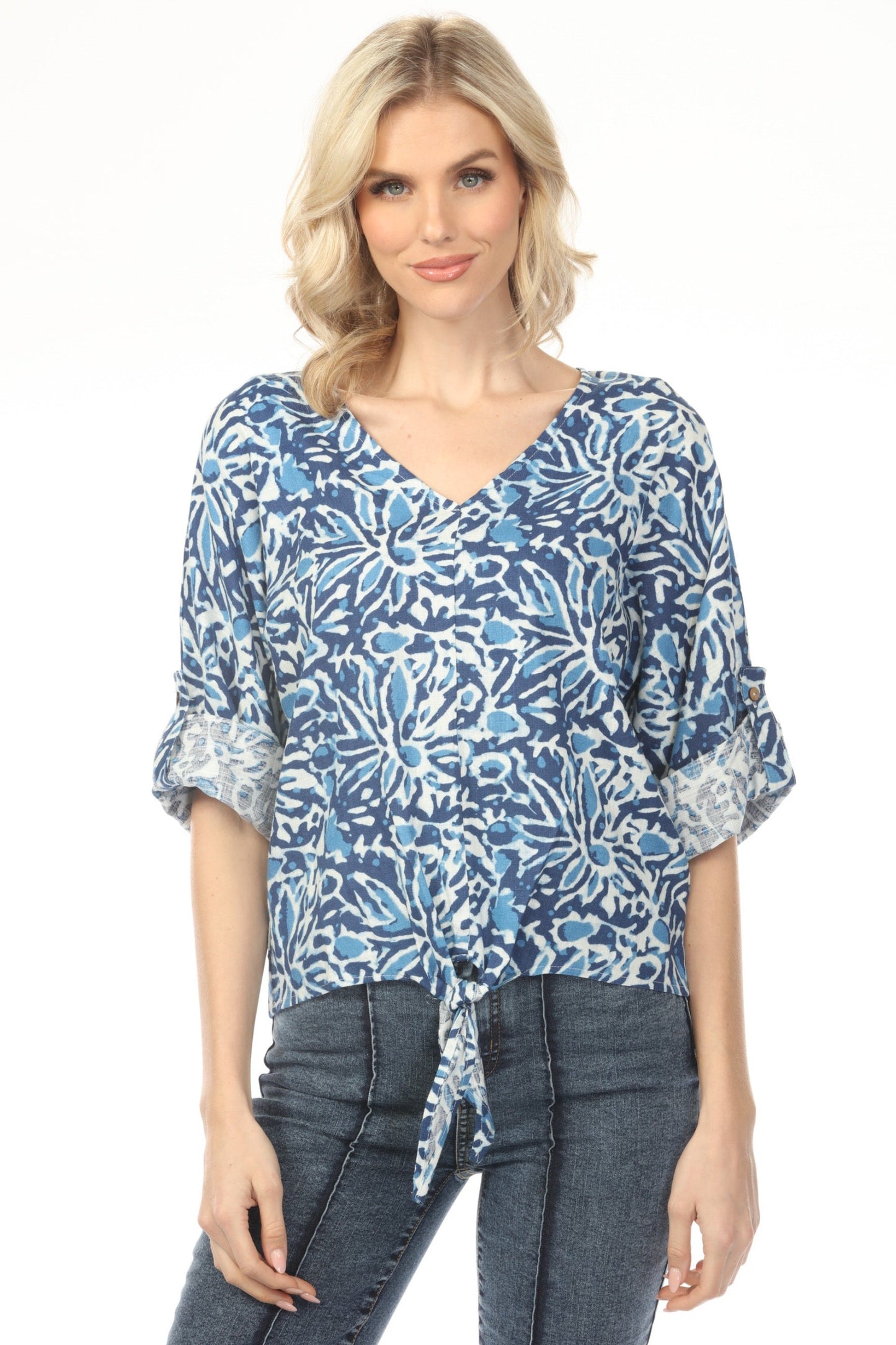 Charlie B Reef Printed 3/4 Roll-Up Sleeve Front Tie Top C4603P-787A