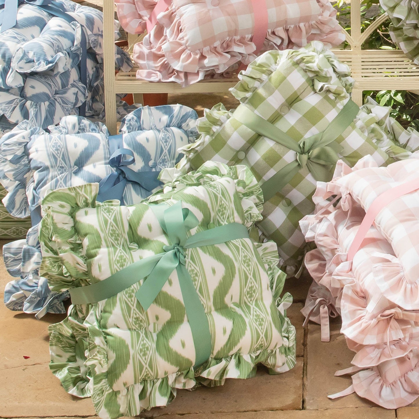 Frilled Green Ikat Seat Pad Cushion