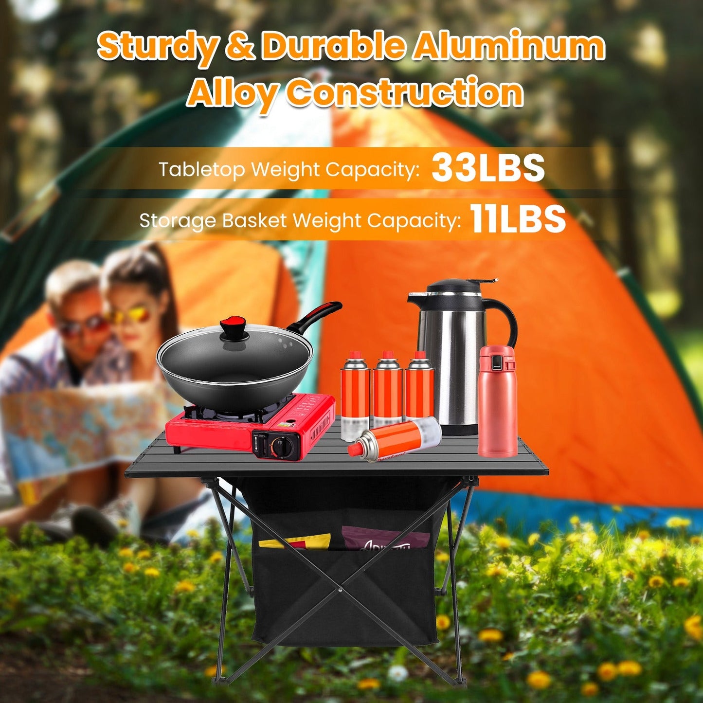 Roll-Up Aluminum Camping Table with Storage Basket & Carry Bag – M & L Sizes