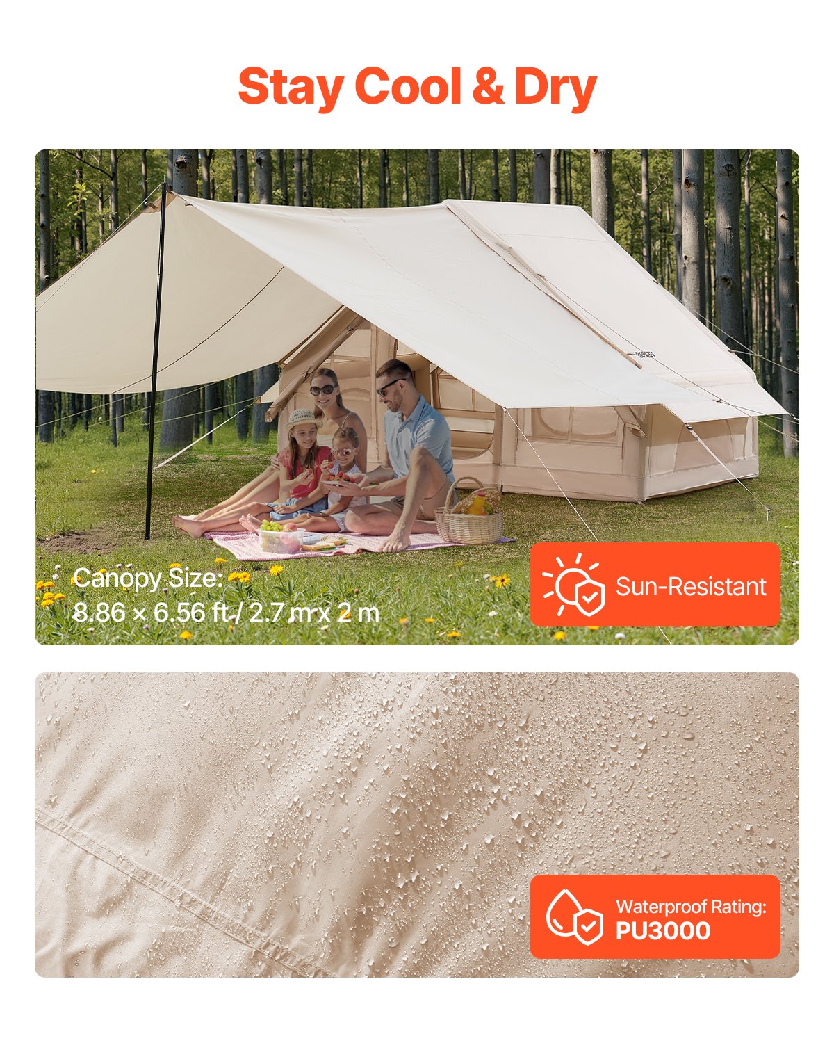 3–5 Person Inflatable Glamping Tent with Canopy – 4-Season 300D Oxford Tent with Stove Jack & AC Port