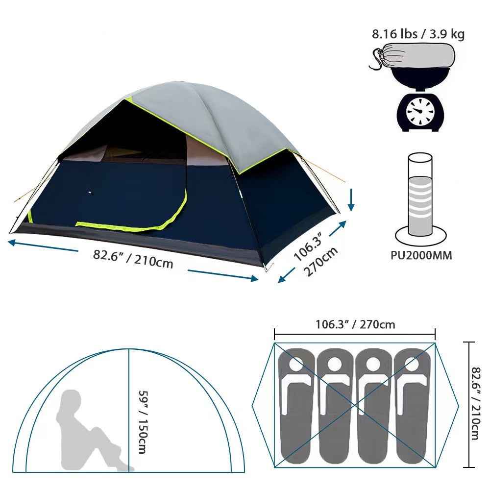 3–5 Person Darkroom Camping Tent – Black-Coated Double-Layer with 2000–3000mm Waterproof | Blue