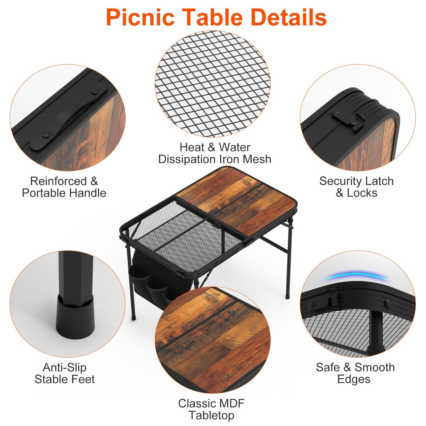 Adjustable Height Folding Camping Table with Hanging Storage Net – 66 lb. Capacity