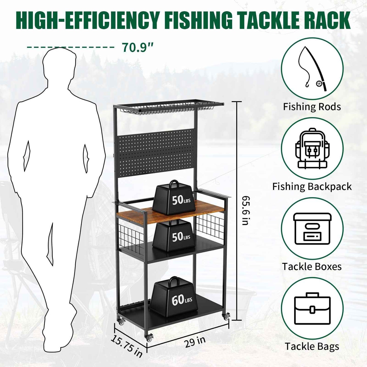 Rolling Fishing Rod & Tackle Organizer Cart with Pegboard – Multi-Tier, Lockable Wheels