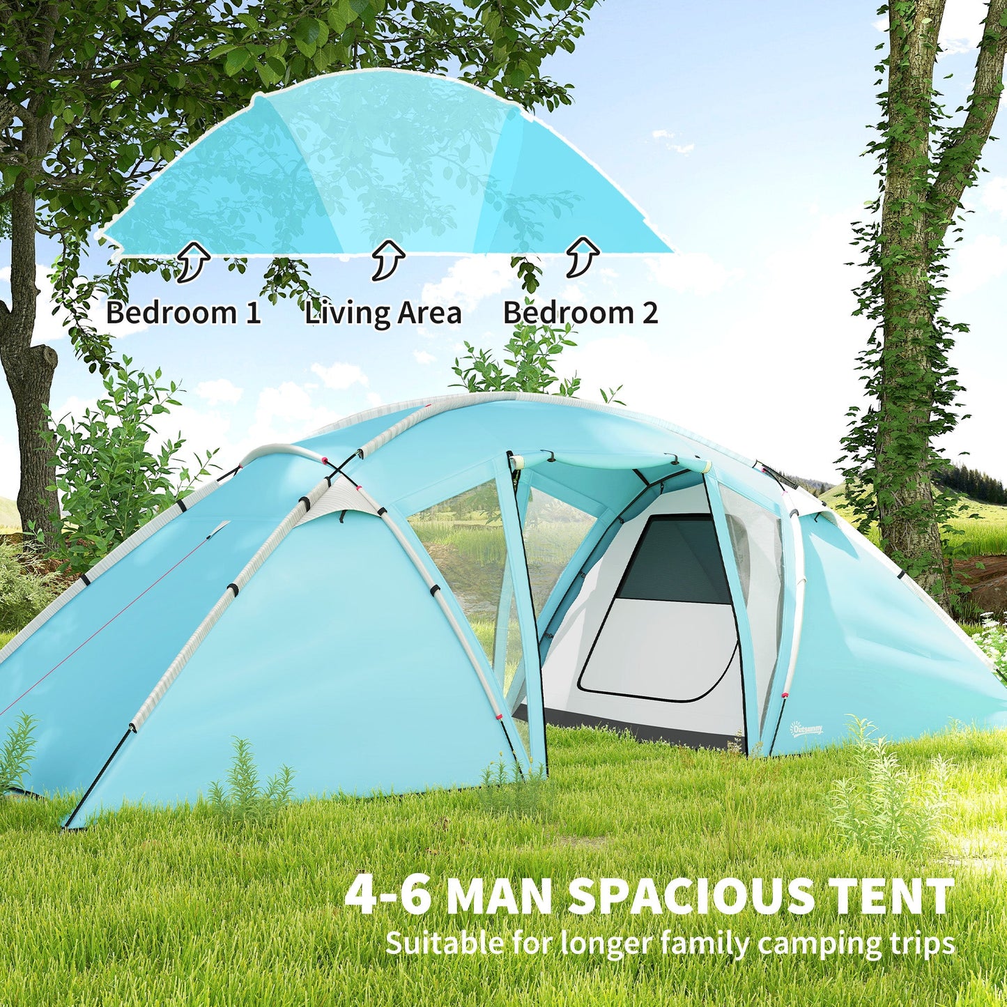 4–6 Person 2-Bedroom Family Tunnel Tent – PU3000mm+ Waterproof with Living Room & Sewn-In Groundsheet | Blue