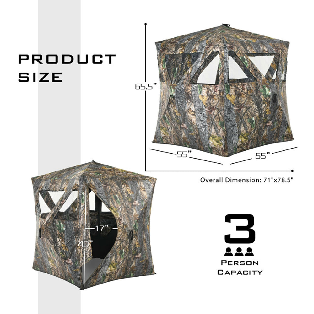 3-Person Pop-Up Ground Hunting Blind – Detachable Mesh Windows, Camo