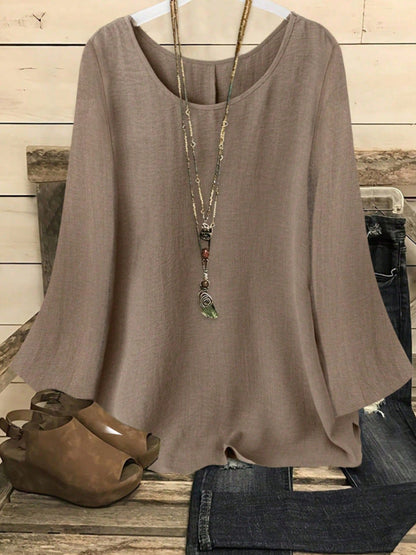 Women's Relaxed Crew-Neck Pullover Top with Patchwork Detail – 5 Colors