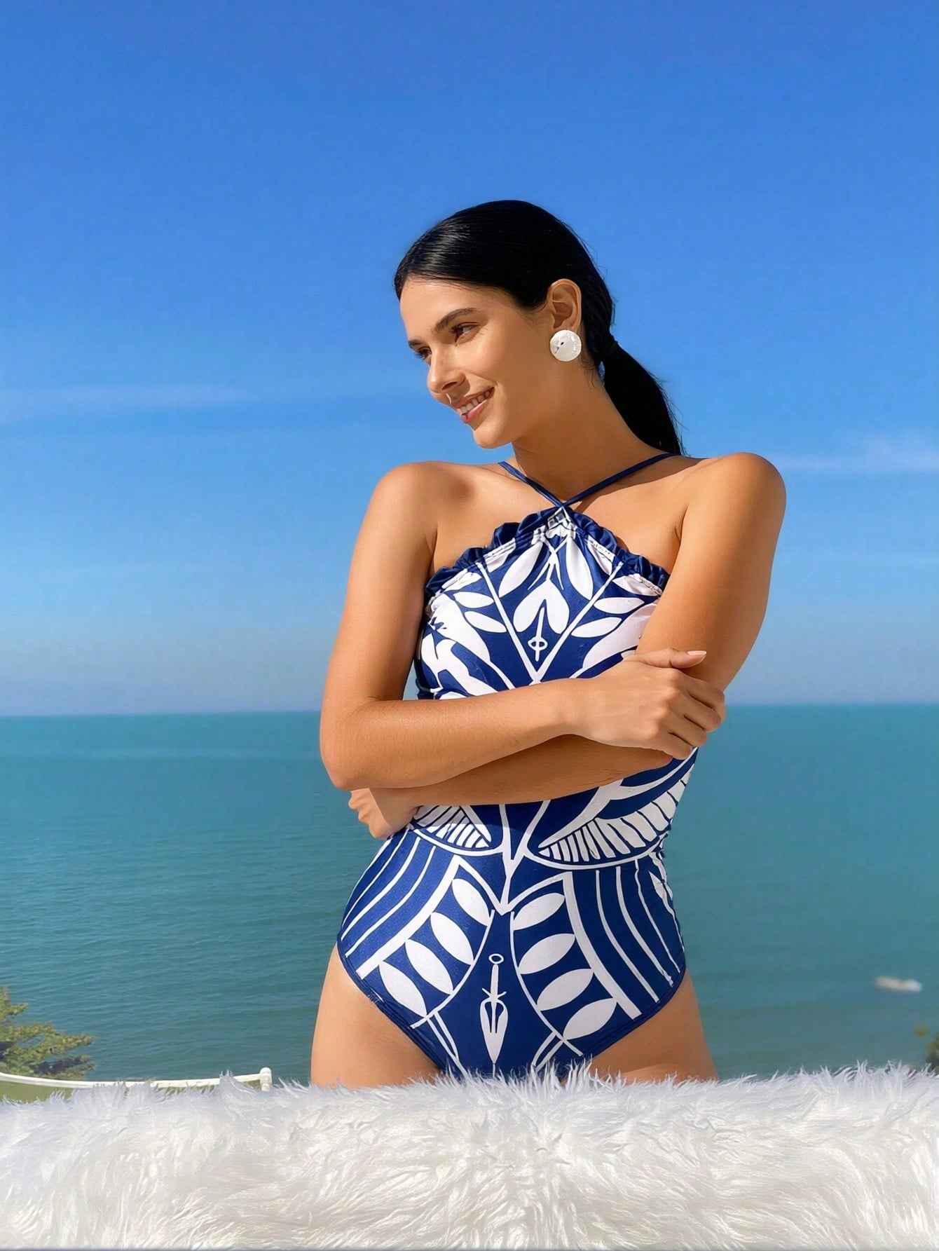 Women's Blue Print Halter Neck One-Piece Swimsuit