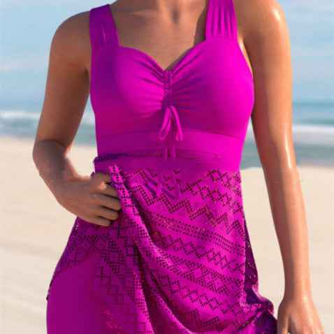 Women's Solid Color Lace One-Piece Swimsuit with Shorts – Korean Style