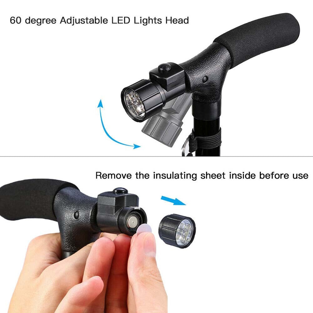 Folding Walking Cane with LED Flashlight – 5 Adjustable Heights, 360° Anti-Slip Base for Hiking & Travel