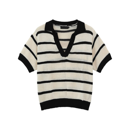 Men's Striped Color-Block V-Neck Knit Short-Sleeve T-Shirt