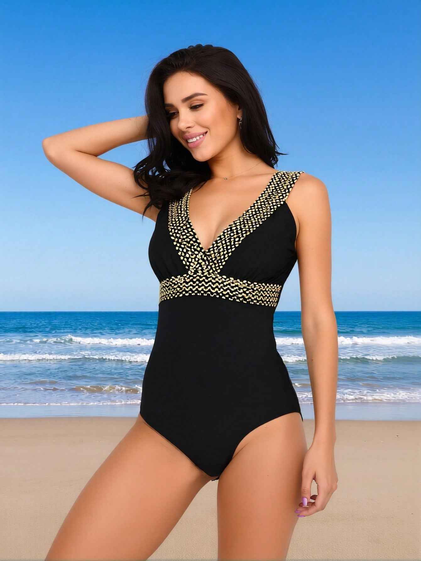 Women's Gold Stud Embellished Deep V-Neck One-Piece Swimsuit