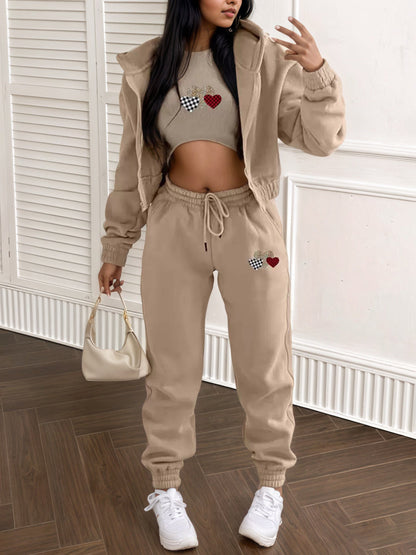 Women's Fleece Heart-Print 3-Piece Set – Jacket, Vest & Pants