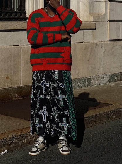 Black Cross Print Plaid Patchwork Wide-Leg Pants