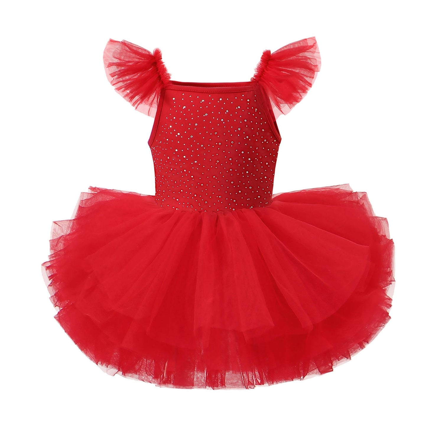 Children's Hot-fix Rhinestone Embroidered Flared-sleeve Ballet Skirt