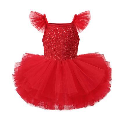 Children's Hot-fix Rhinestone Embroidered Flared-sleeve Ballet Skirt