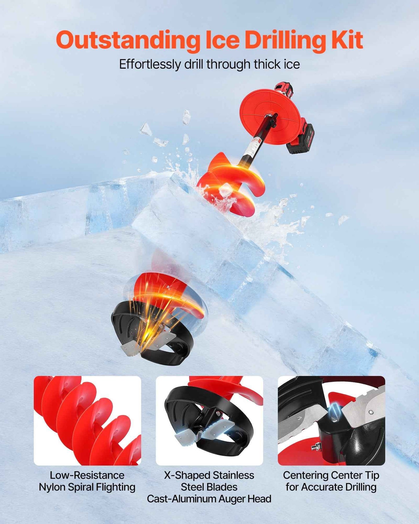 8" Ice Auger Drill Bit | 39" Nylon Blade with Extension Rod & Blade Guard