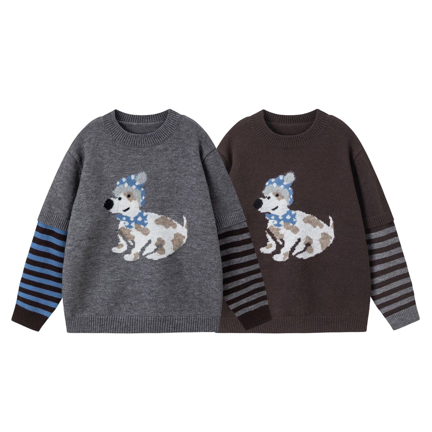 Autumn Dog Jacquard Fake Two-Piece Loose Sweater