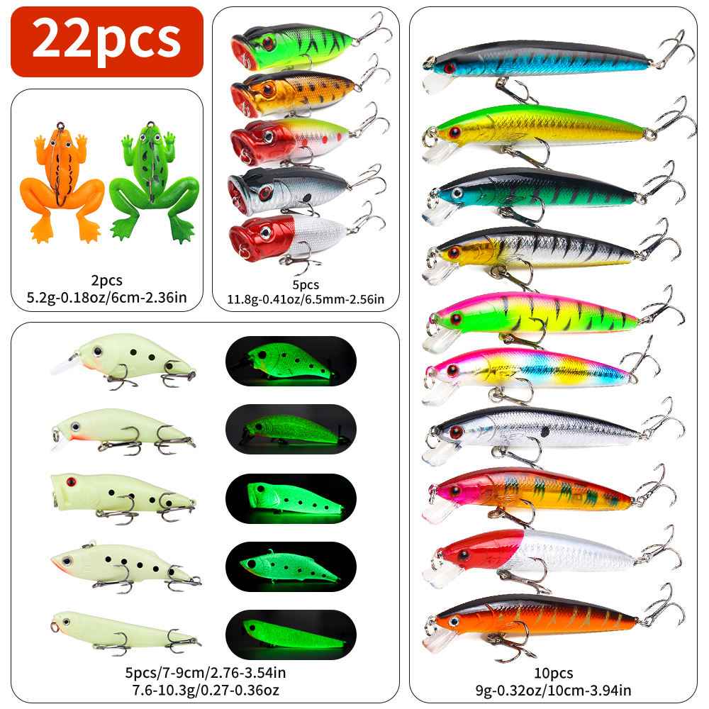 22-Piece Hard & Soft Fishing Lure Set – Popper, Minnow, Frog, VIB, Pencil, 100mm
