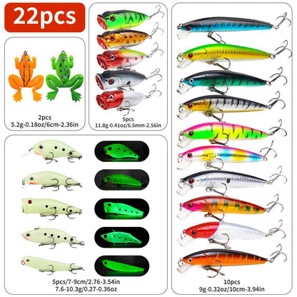 22-Piece Hard & Soft Fishing Lure Set – Popper, Minnow, Frog, VIB, Pencil, 100mm