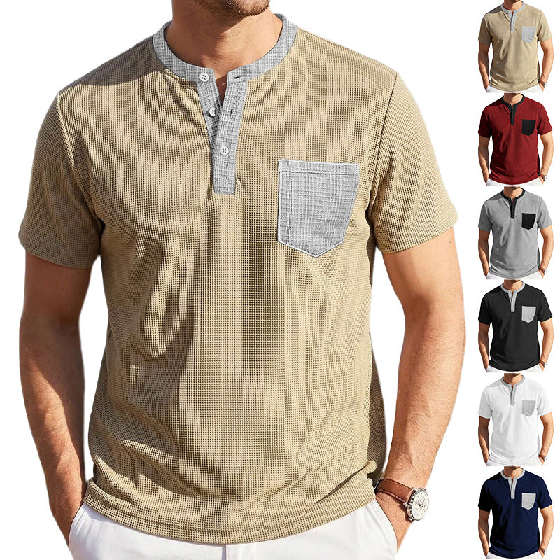 Men's Color-Block Waffle-Knit Henley T-Shirt with Chest Pocket – 6 Colors