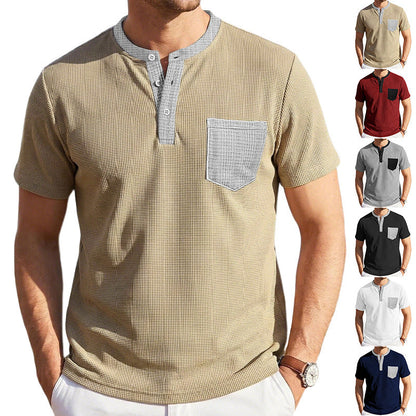 Men's Color-Block Waffle-Knit Henley T-Shirt with Chest Pocket – 6 Colors