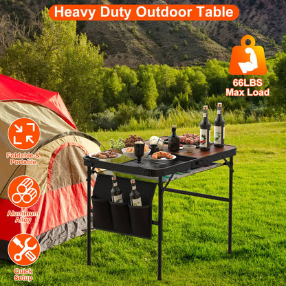 Adjustable Height Folding Camping Table with Hanging Storage Net – 66 lb. Capacity