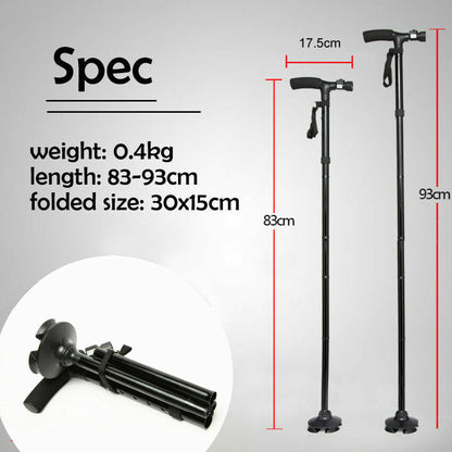 Folding Walking Cane with LED Flashlight – 5 Adjustable Heights, 360° Anti-Slip Base for Hiking & Travel