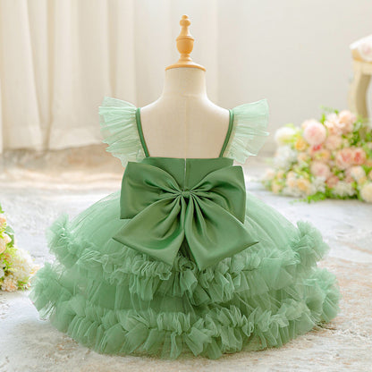 Children's Puff-sleeve Bowknot Tulle Fluffy Tiered Cake Skirt