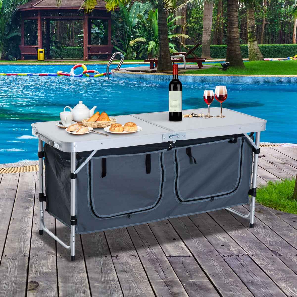 47" Aluminum Folding Camping Table with Storage Organizer | 3-Height Adjustable