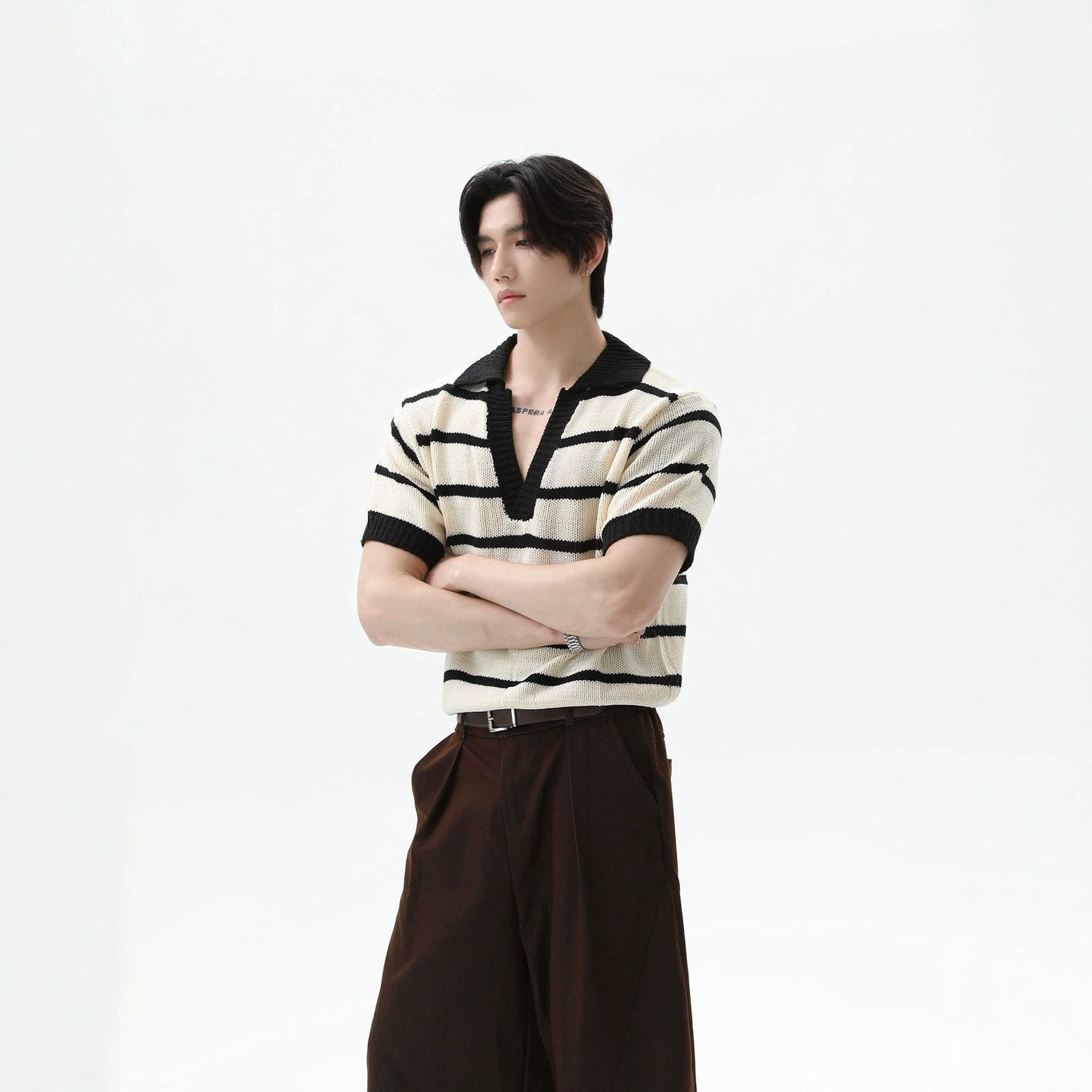 Men's Striped Color-Block V-Neck Knit Short-Sleeve T-Shirt