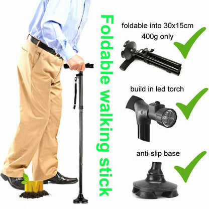 Folding Walking Cane with LED Flashlight – 5 Adjustable Heights, 360° Anti-Slip Base for Hiking & Travel