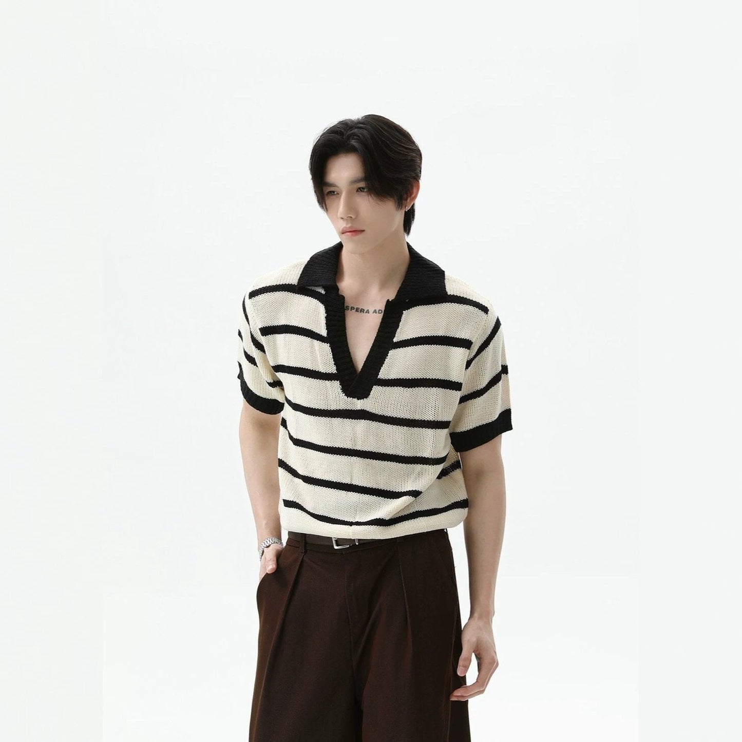 Men's Striped Color-Block V-Neck Knit Short-Sleeve T-Shirt