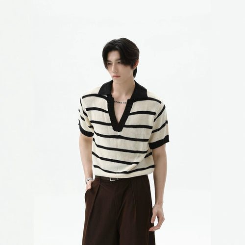 Men's Striped Color-Block V-Neck Knit Short-Sleeve T-Shirt