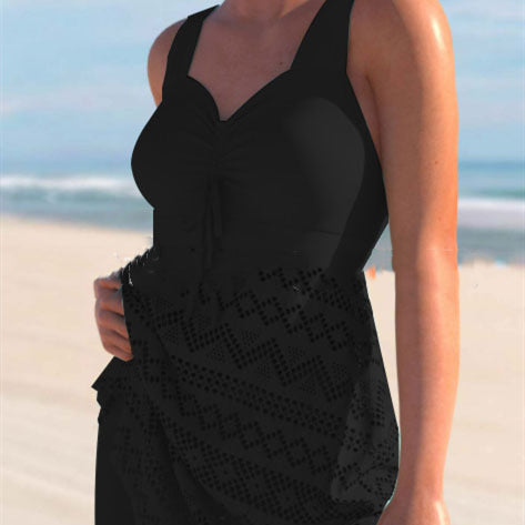 Women's Solid Color Lace One-Piece Swimsuit with Shorts – Korean Style