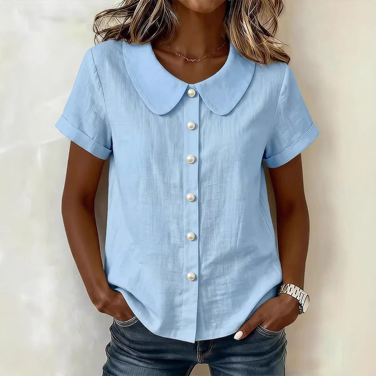 Women's Solid-Color Short-Sleeve Loose Casual Shirt – Lightweight Everyday Top