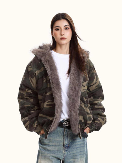 Women's Hooded Camouflage Fleece-Lined Jacket – Warm Outdoor Outerwear