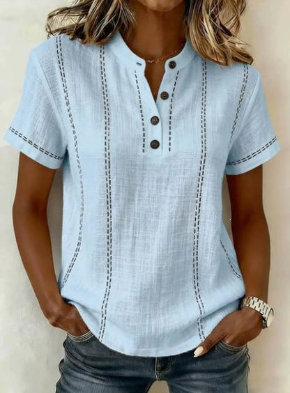 Women's Striped Short-Sleeve V-Neck Button Blouse – Minimalist Casual Top
