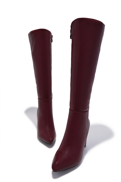 Fine Time Block Heel Knee High Boots - Wine