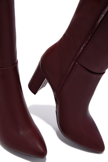 Fine Time Block Heel Knee High Boots - Wine