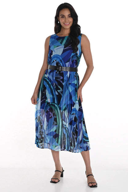 Frank Lyman Blue/Multi Floral Pleated Chiffon Belted Midi Dress 256324