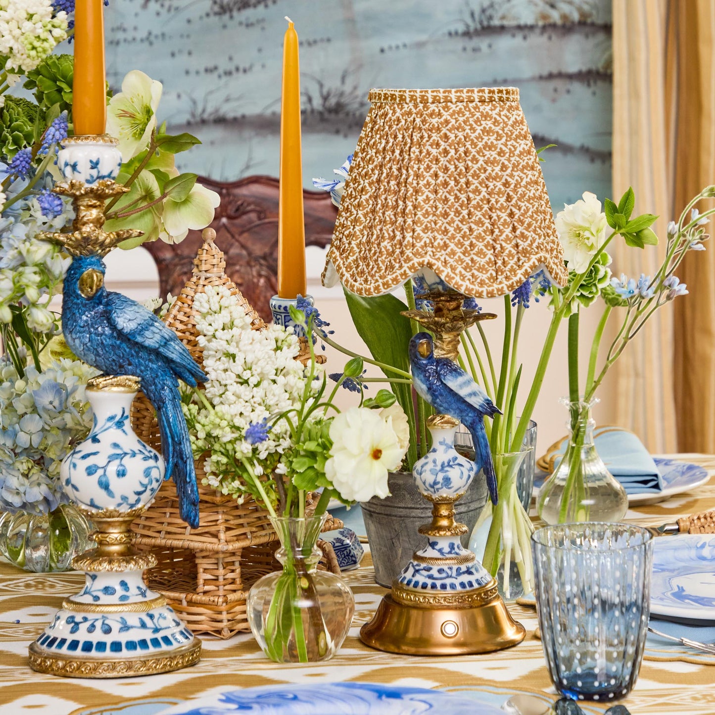 Blue Parrot Rechargeable Lamp with Caramel Lotus Deep Scalloped Shade (18cm)